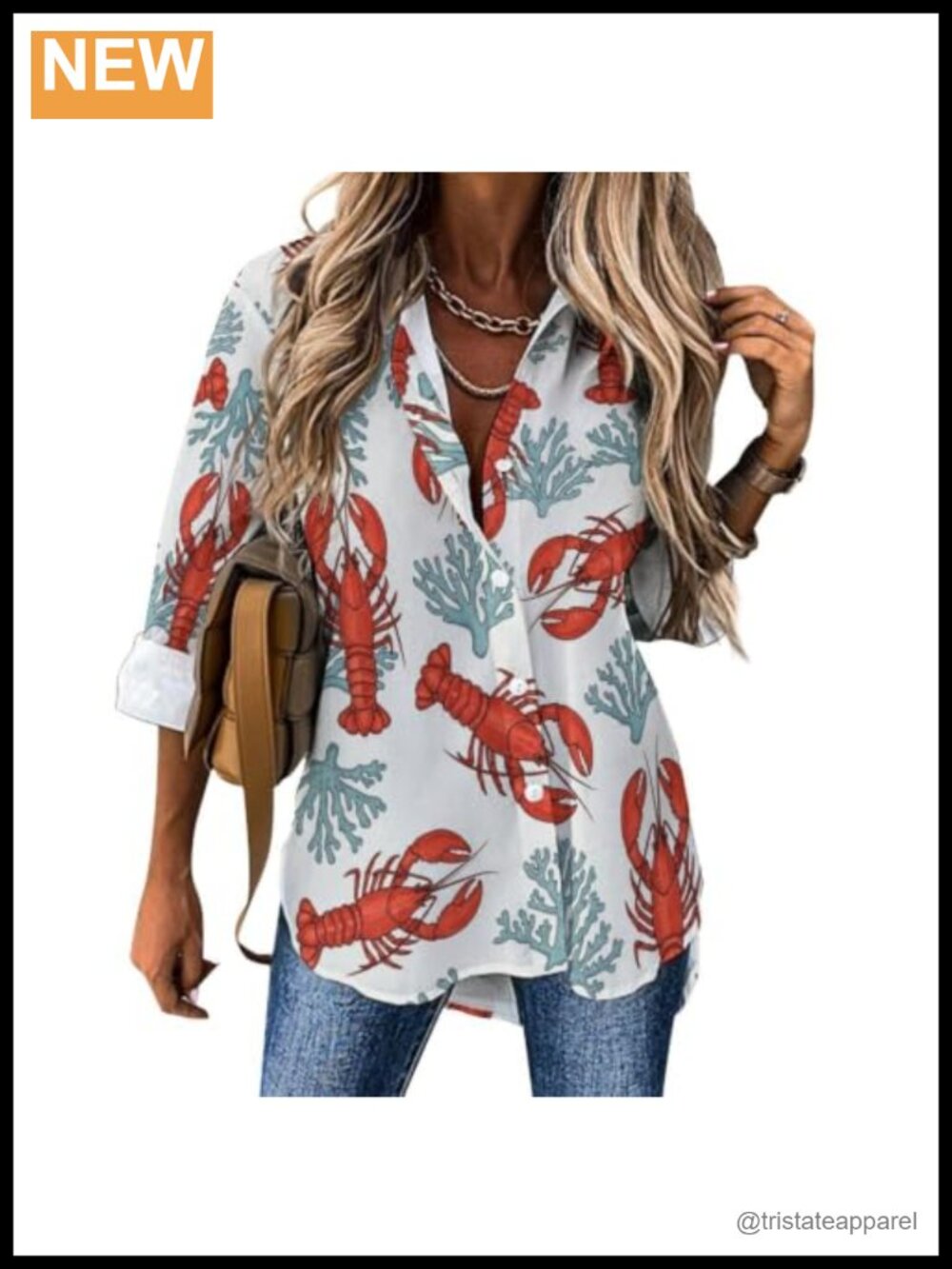 Red Lobster Print Polyester Women's Button Down Long Sleeve Shirt Blouse